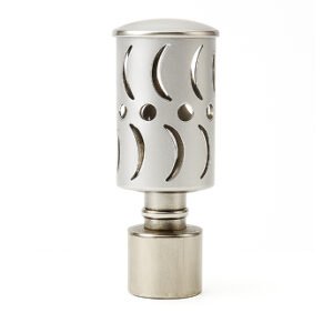 Silver aluminium curtain rod finial lattu with decorative rounded design, shown on white background.