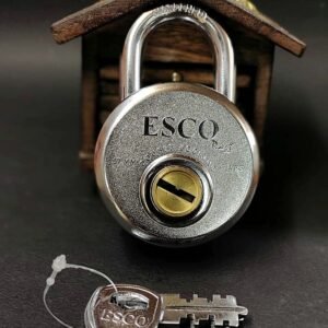 Silver heavy-duty padlock with engraved design, shown with three matching keys on a dark background.
