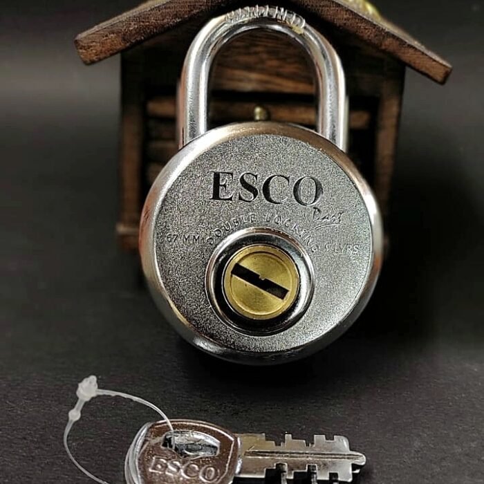 1 (54) Silver heavy-duty padlock with engraved design, shown with three matching keys on a dark background.