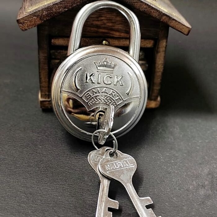 1 (55) Silver heavy-duty padlock with engraved design, shown with three matching keys on a dark background.