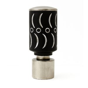 Silver black aluminium curtain rod finial lattu with decorative rounded design, shown on white background.