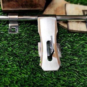 Stainless steel T-shaped latch or lock component with a brushed metal finish, placed on a white background