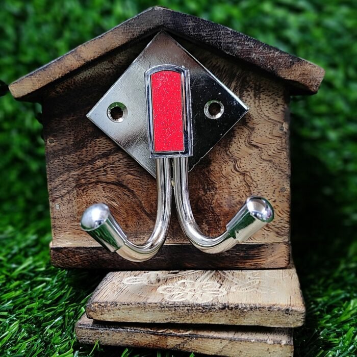 Chrome finish stainless steel double hook wall hanger mounted on wooden base, ideal for keys, clothes, and accessories.