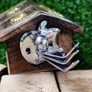 Chrome finish stainless steel apple multi hook wall hanger mounted on wooden base, ideal for keys, clothes, and accessories.