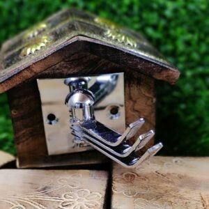 Chrome finish square stainless steel multi hook wall hanger mounted on wooden base, ideal for keys, clothes, and accessories.