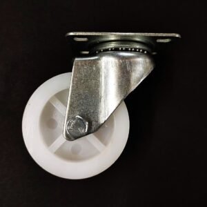 white caster wheel with aluminium steel fixed flate plate on dark background
