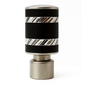 Silver black aluminium curtain rod finial lattu with decorative rounded design, shown on white background.