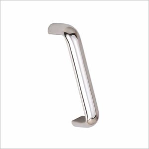 Pair of polished stainless steel D-shaped pull handles mounted on a white textured surface.