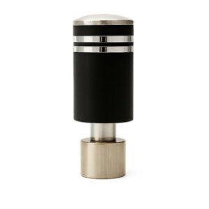 Silver black aluminium curtain rod finial lattu with decorative rounded design, shown on white background.