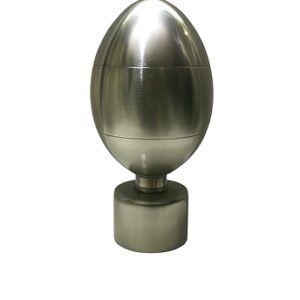oval stainless steel curtain finial with a polished finish, designed for curtain rods and poles.