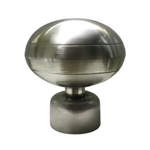 round stainless steel curtain finial with a polished finish, designed for curtain rods and poles.