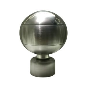round stainless steel curtain finial with a polished finish, designed for curtain rods and poles.