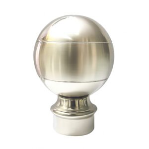 round stainless steel curtain finial with a polished finish, designed for curtain rods and poles.