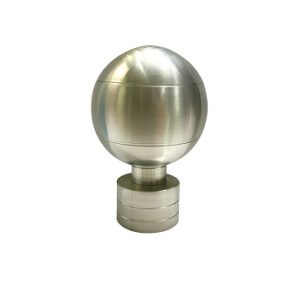 round stainless steel curtain finial with a polished finish, designed for curtain rods and poles.
