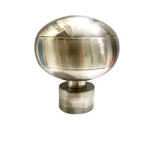 round stainless steel curtain finial with a polished finish, designed for curtain rods and poles.