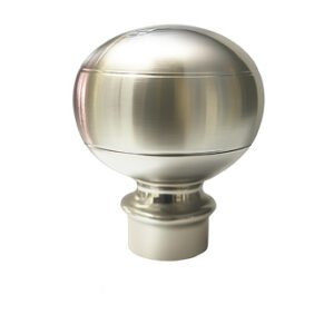 round stainless steel curtain finial with a polished finish, designed for curtain rods and poles.