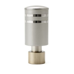 Silver aluminium curtain rod finial lattu with decorative rounded design, shown on white background.