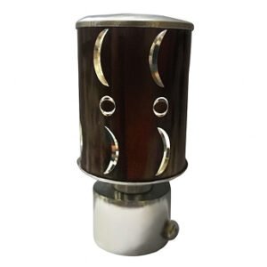 Silver black aluminium curtain rod finial lattu with decorative rounded design, shown on white background.