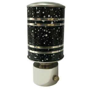 Silver black aluminium curtain rod finial lattu with decorative rounded design, shown on white background.