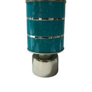 Silver blue aluminium curtain rod finial lattu with decorative rounded design, shown on white background.