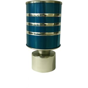 Silver blue aluminium curtain rod finial lattu with decorative rounded design, shown on white background.