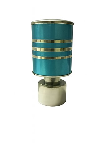 3 (9) Silver blue aluminium curtain rod finial lattu with decorative rounded design, shown on white background.