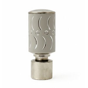 Silver aluminium curtain rod finial lattu with decorative rounded design, shown on white background.