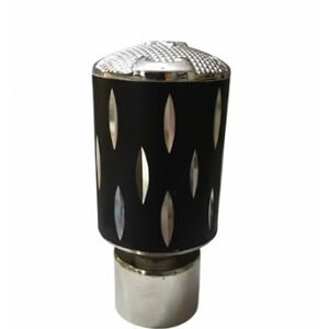 Silver black aluminium curtain rod finial lattu with decorative rounded design, shown on white background.