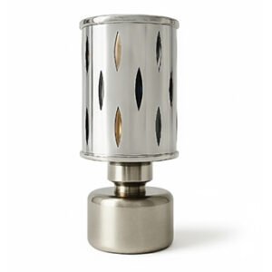 Silver aluminium curtain rod finial lattu with decorative rounded design, shown on white background.