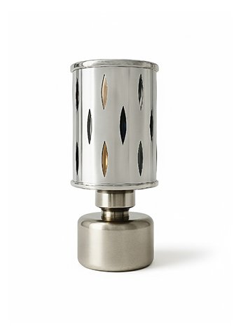 4 (5) Silver aluminium curtain rod finial lattu with decorative rounded design, shown on white background.