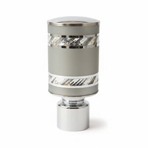 Silver aluminium curtain rod finial lattu with decorative rounded design, shown on white background.