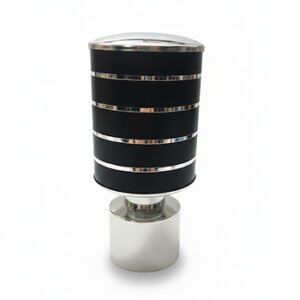 Silver black aluminium curtain rod finial lattu with decorative rounded design, shown on white background.
