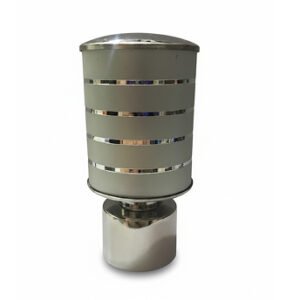Silver aluminium curtain rod finial lattu with decorative rounded design, shown on white background.