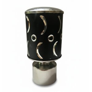 Silver black aluminium curtain rod finial lattu with decorative rounded design, shown on white background.