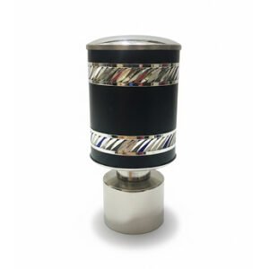 Silver black aluminium curtain rod finial lattu with decorative rounded design, shown on white background.
