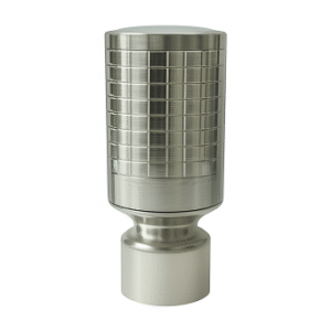 Cylindrical stainless steel curtain rod finial with horizontal groove detailing for modern home décor.