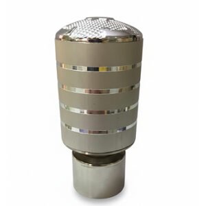 Silver stainless steel curtain rod finial with decorative rounded design, shown on white background.