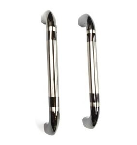 Two metallic door handles with a center matt finish placed on a white background