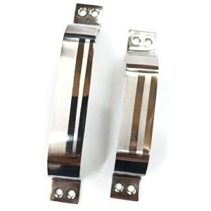 Two metallic door handles with a brushed steel finish and stripe design, placed on a white background