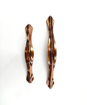 Image (97) Two metallic door handles with a brushed gold finish and black checkered stripe design, placed on a white background.