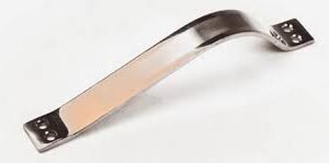 Curved stainless steel window handle in silver finish on white background