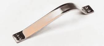 Sliding handle Curved stainless steel window handle in silver finish on white background