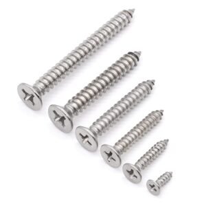 Set of stainless steel self tapping wood screws with flat countersunk head, sharp thread design for easy fastening in wood, furniture, and construction applications.