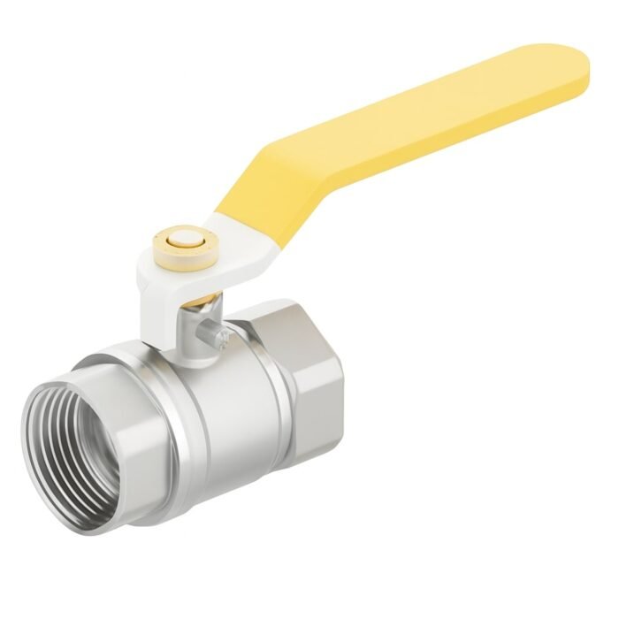 Durable nickel-plated brass ball valve with bright yellow lever handle, precision threading, and clean industrial finish for plumbing and gas applications.