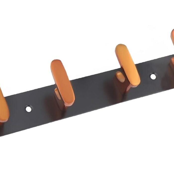 Bronze finish wall-mounted coat and cloth hanger with 4 hooks for hanging clothes, hats, and accessories.