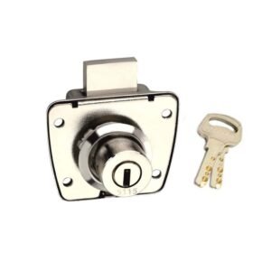 A square chrome-finished cabinet lock with a cylindrical key slot, shown with two dimple keys and a strike plate on a white background.