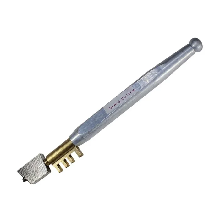 Pen style glass cutter with ergonomic handle and tungsten carbide cutting wheel for precise glass and tile cutting.