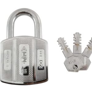 Silver heavy-duty padlock with engraved design, shown with three matching dimple keys on a white background.