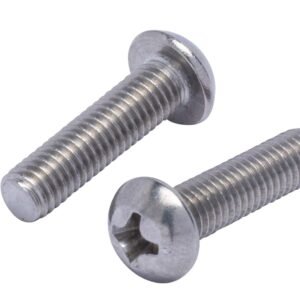 Close-up of stainless steel machine screws with pan head and Phillips drive, fully threaded for secure fastening in machinery, metal, and electrical applications.