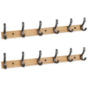 metallic wooden finish wall-mounted cloth hanger with 6 hooks for hanging clothes, hats, and accessories.